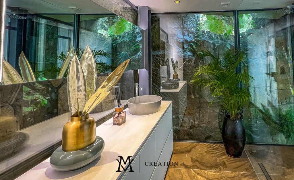 Beautiful spa-like bathroom with outdoor view and beautiful marble flooring of house for sale in Rollingergrund Luxembourg