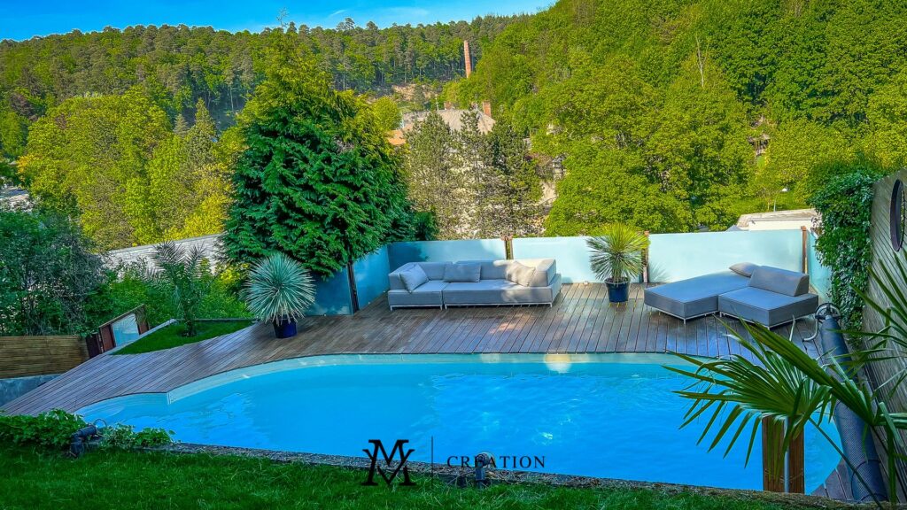 Rooftop view of terrace and pool of house for sale in Rollingergrund Luxembourg